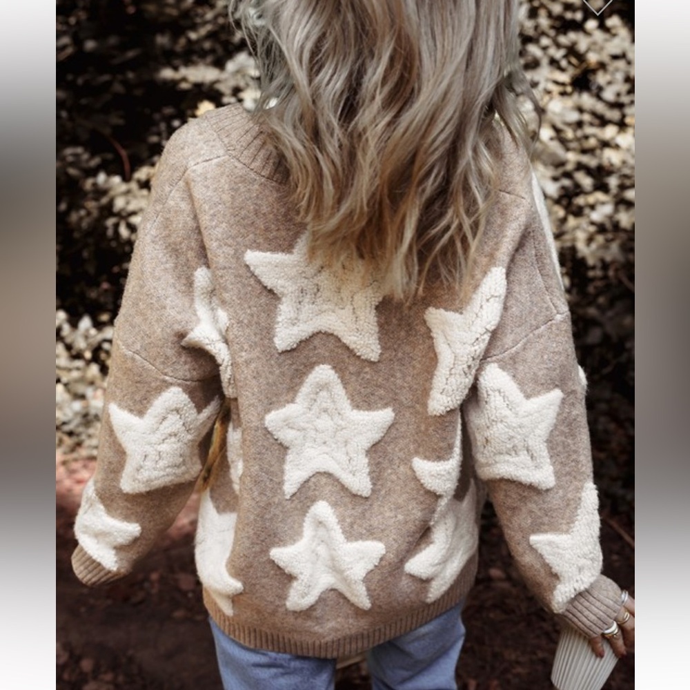 B058–(🚨 3 COLORS) Star Patterned Thick and Cozy Cardigan Sweater - Picture 6 of 7